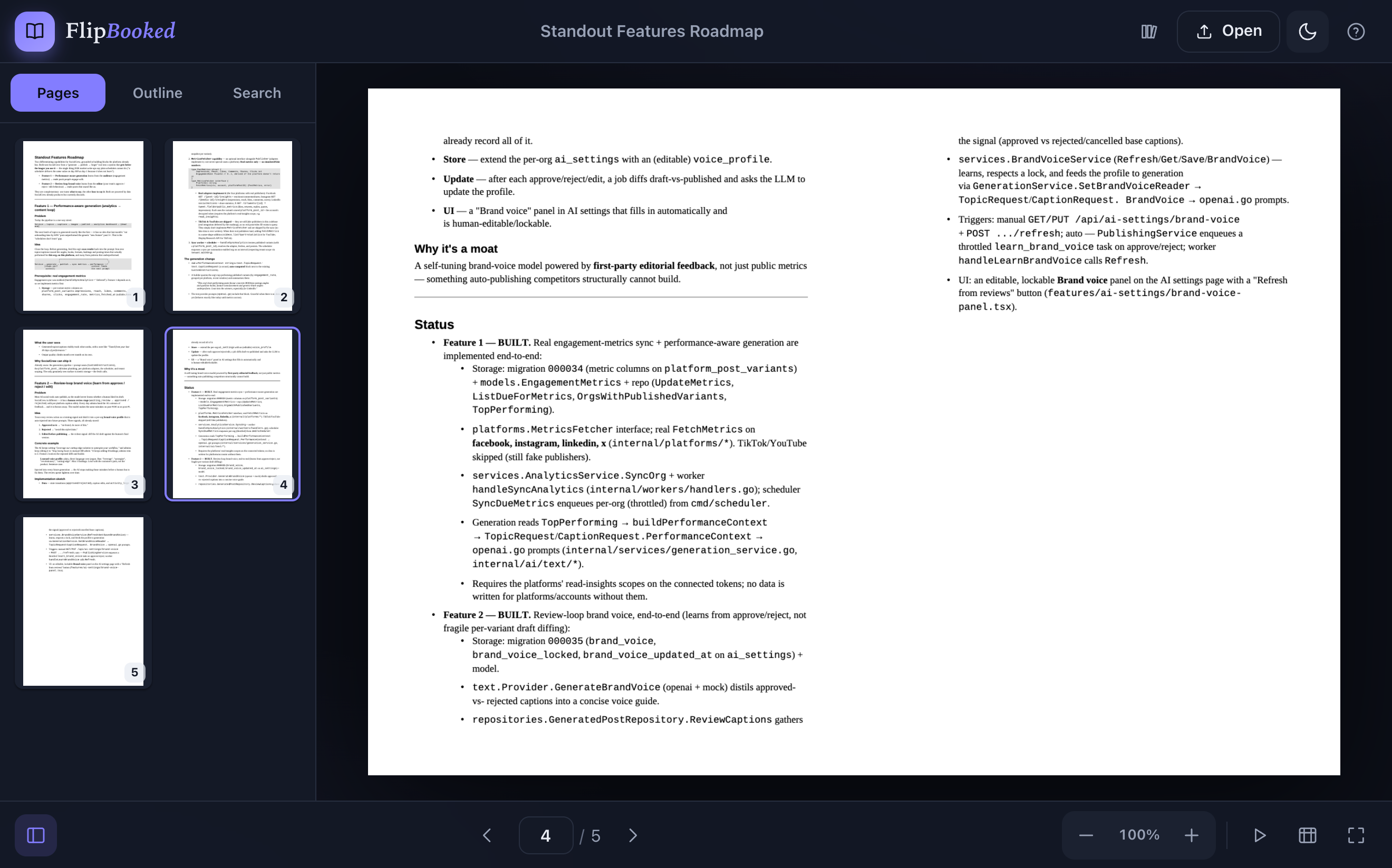 FlipBooked in dark mode with the thumbnails panel