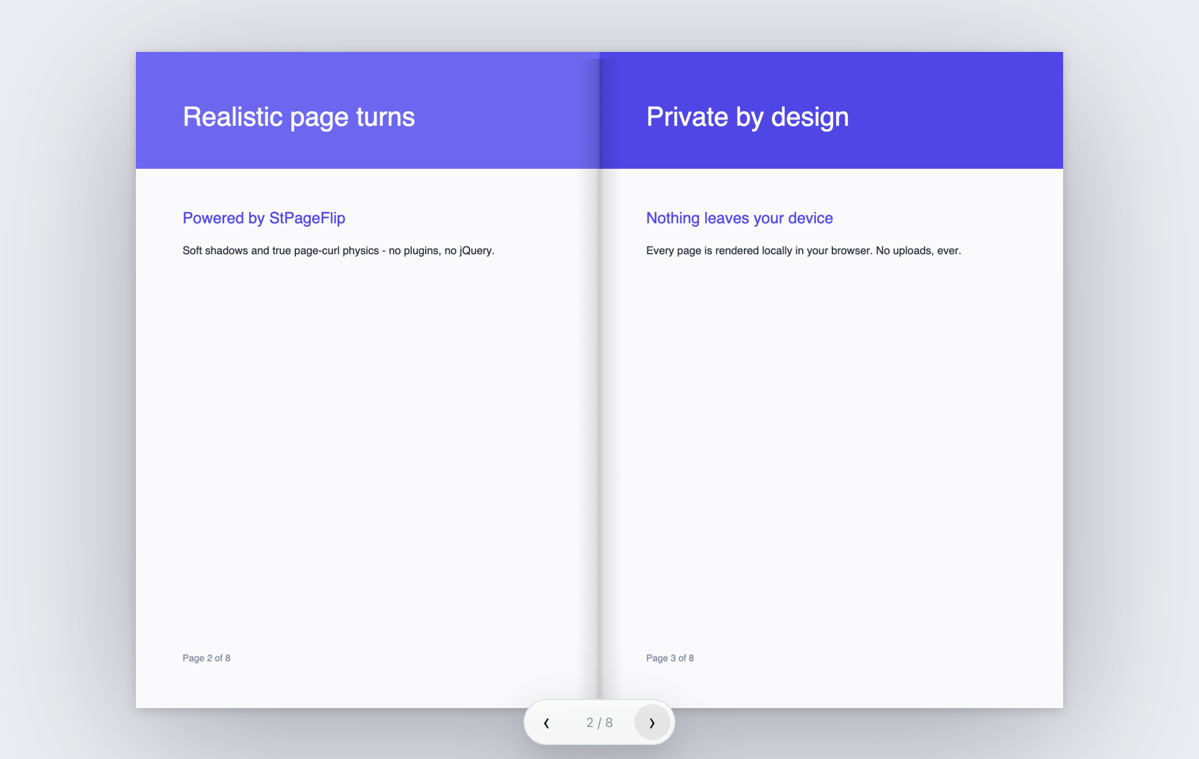 The reader-only FlipBooked embed showing an open two-page spread inside a host page