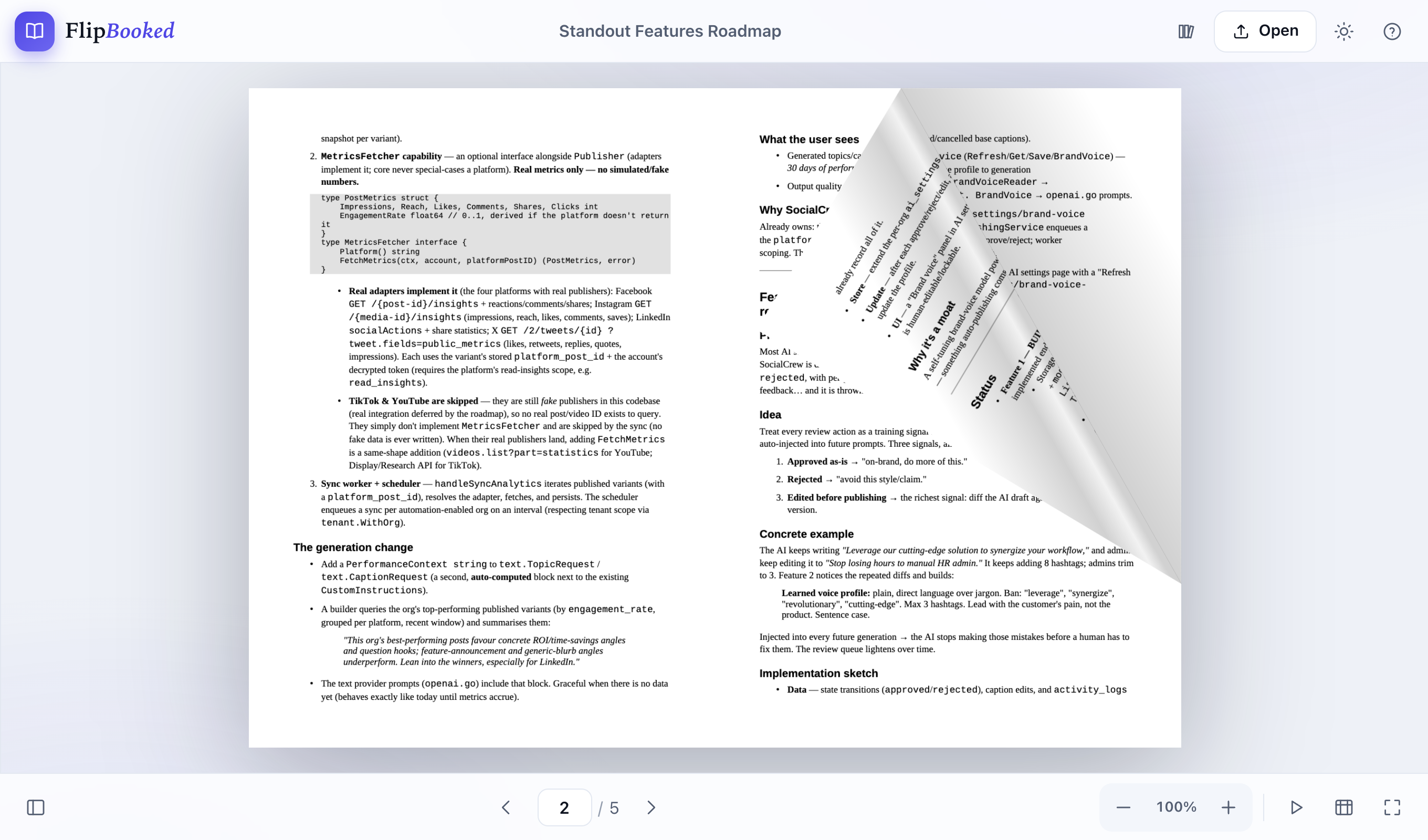 A PDF page mid-flip in FlipBooked, curling like a real book
